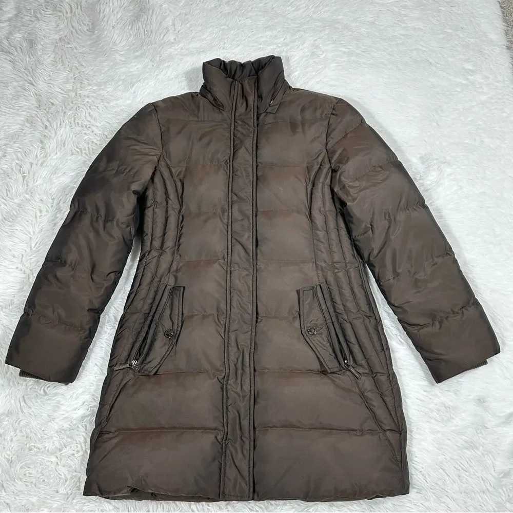 Anne Klein Womens Puffer Coat Size Small Brown Down Feather Fill Winter Jacket